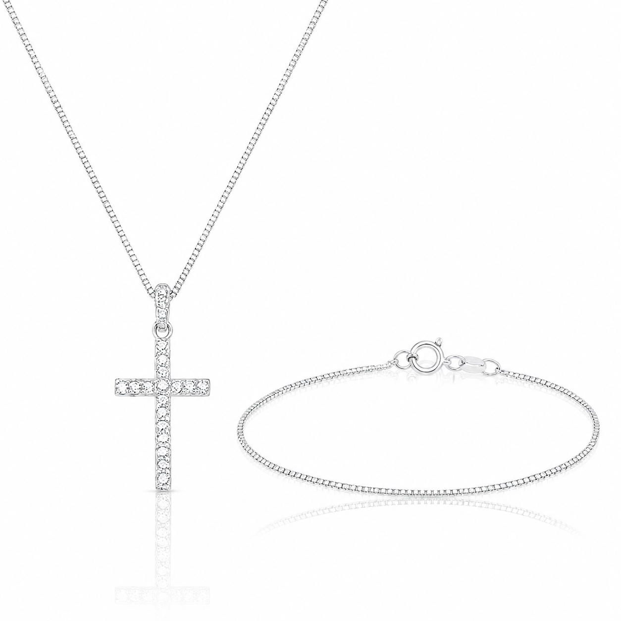 Kit Colar Cruz + Pulseira Grumet em Prata 925