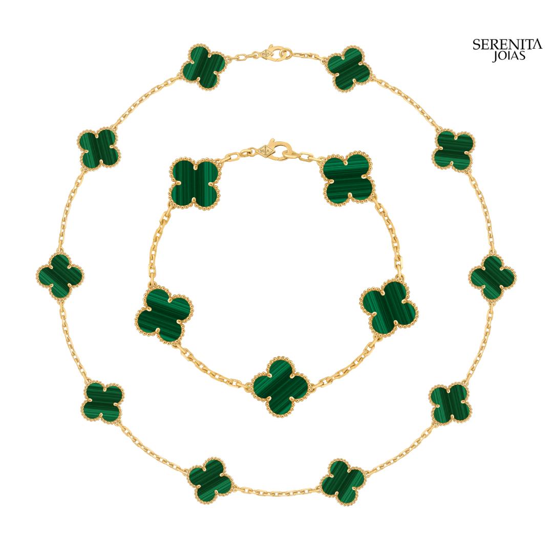 Conjunto Colar e Pulseira Trevo em Aço Inoxidável