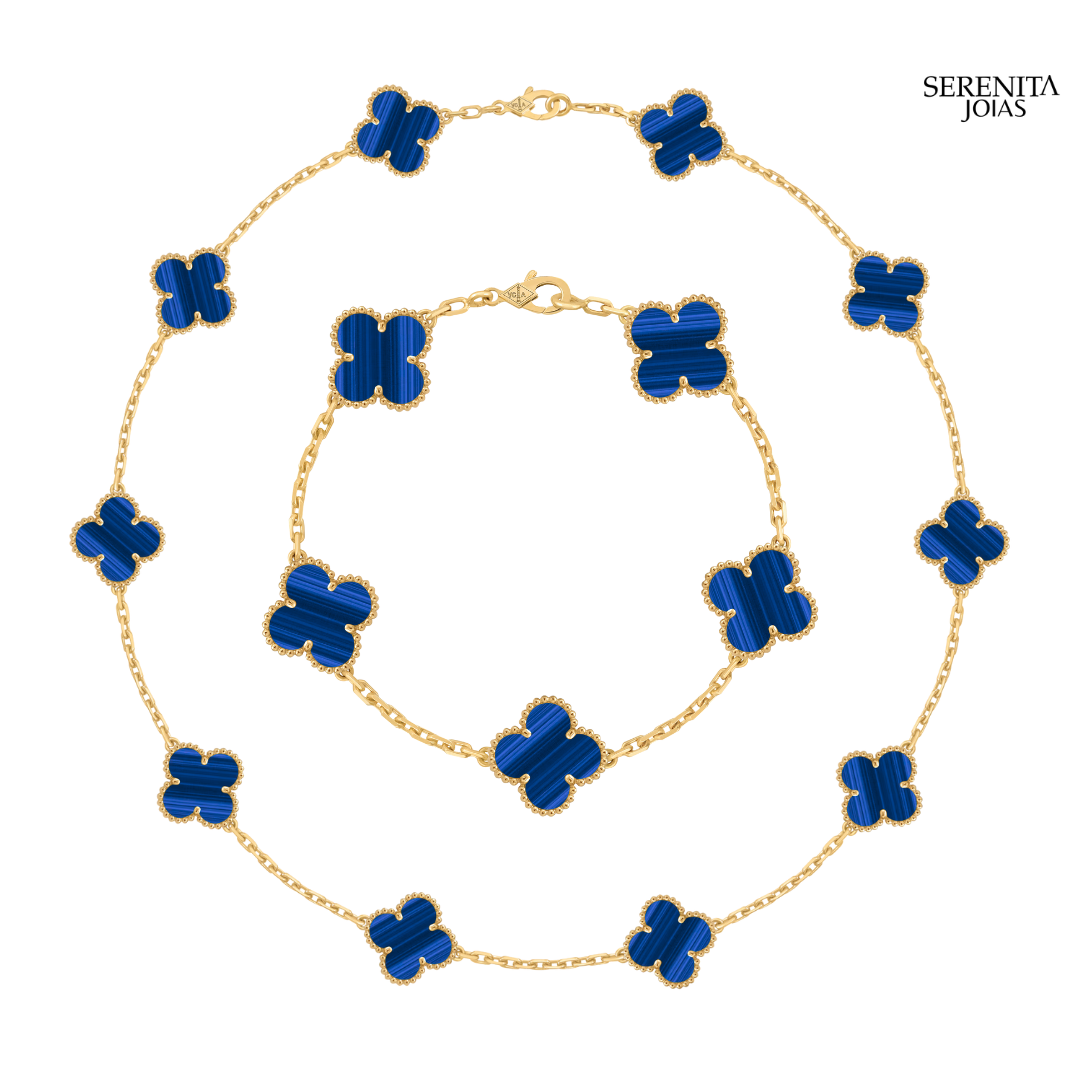 Conjunto Colar e Pulseira Trevo em Aço Inoxidável