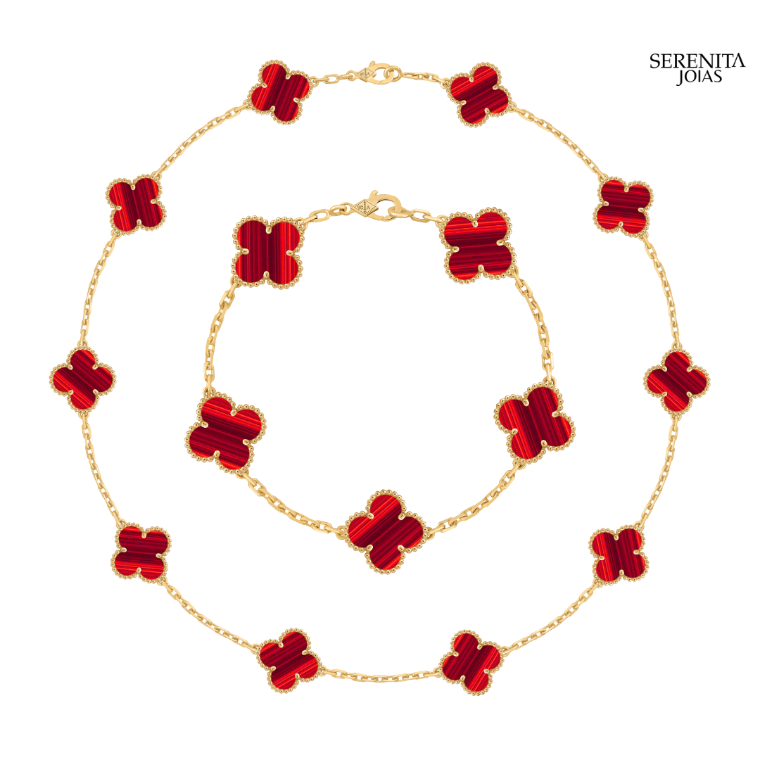 Conjunto Colar e Pulseira Trevo em Aço Inoxidável