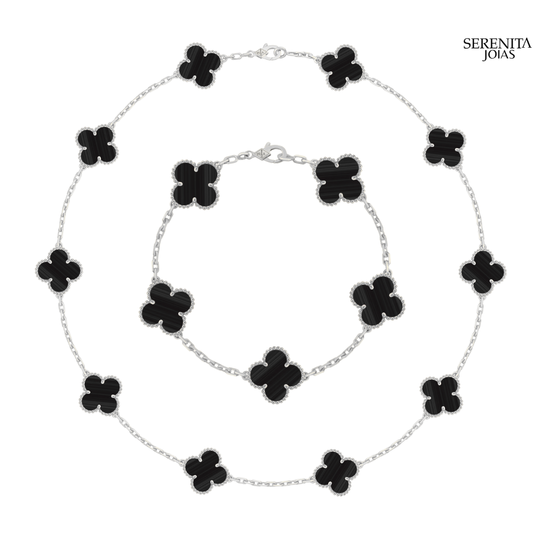 Conjunto Colar + Pulseira + Brinco Trevo