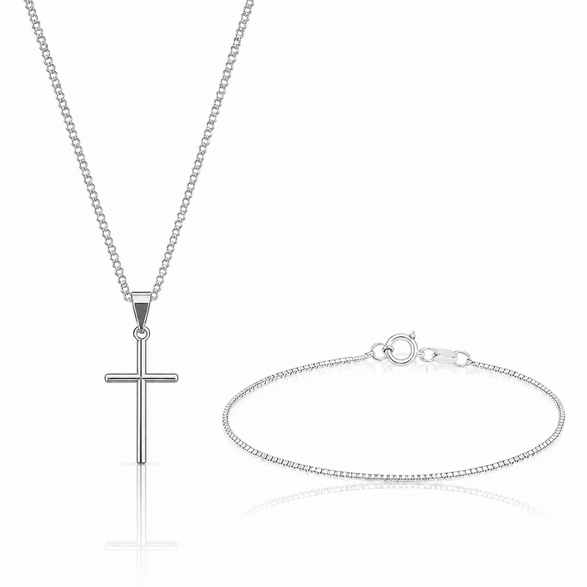 Kit Colar Cruz + Pulseira Grumet em Prata 925